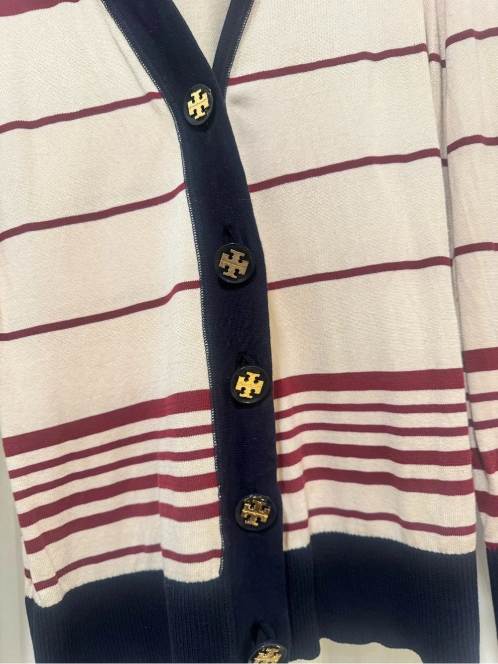 Tory Burch Maroon, Cream & blue Striped V-Neck Cardigan